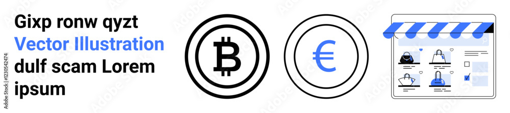 Two currency symbols Bitcoin and Euro, an online store interface with products, and sample text. Ideal for digital finance, cryptocurrency, e-commerce, online transactions, virtual shopping, fintech Two currency symbols Bitcoin and Euro, an online store interface with products, and sample text. Ideal for digital finance, cryptocurrency, e-commerce, online transactions, virtual shopping, fintech