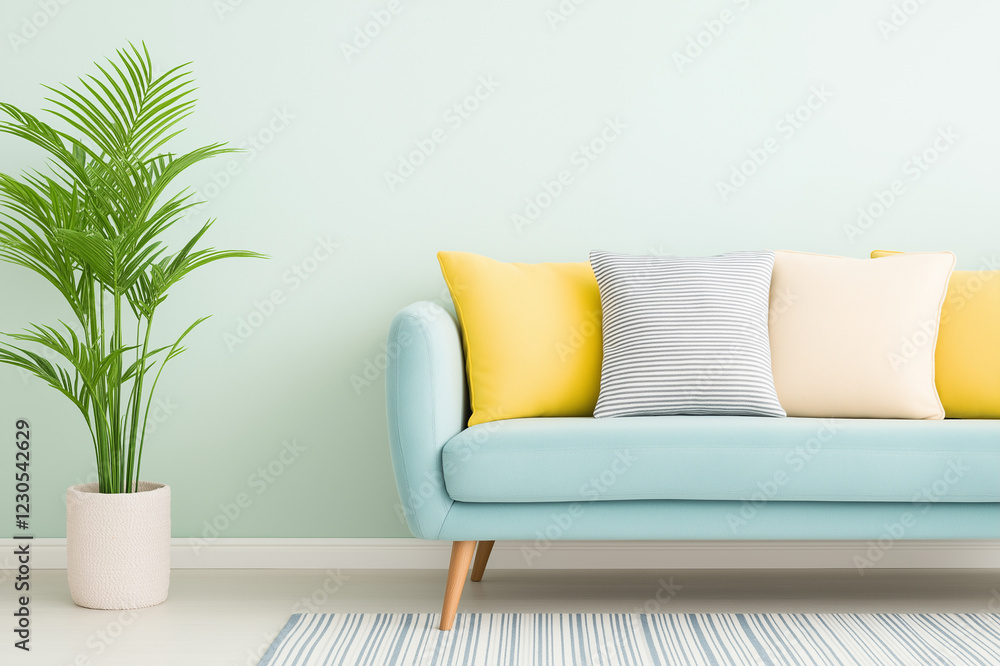 Modern pastel blue sofa with yellow and striped cushions in a stylish home interior, Scandinavian decor, contemporary design, cozy living space, and inviting atmosphere Modern pastel blue sofa with yellow and striped cushions in a stylish home interior, Scandinavian decor, contemporary design, cozy living space, and inviting atmosphere
