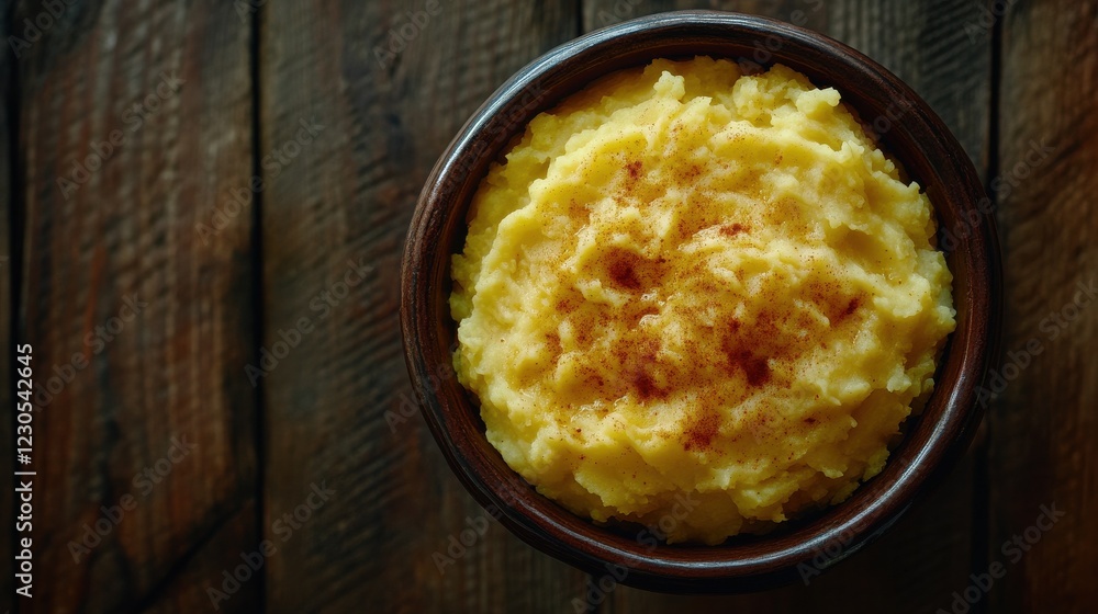 Mashed potato in antique ceramic bowl. Traditional hot food with smoked paprika for lunch or dinner. Old wooden boards background, top view Mashed potato in antique ceramic bowl. Traditional hot food with smoked paprika for lunch or dinner. Old wooden boards background, top view
