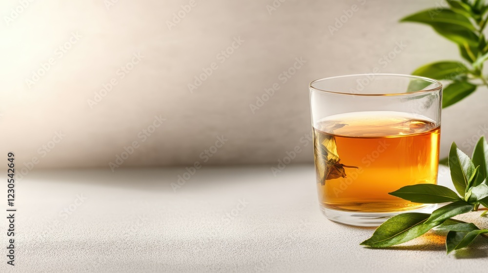 A glass of warm herbal tea standing against a textured backdrop, showcasing the delicate leaves that add aromatic depth to the drink. A glass of warm herbal tea standing against a textured backdrop, showcasing the delicate leaves that add aromatic depth to the drink.