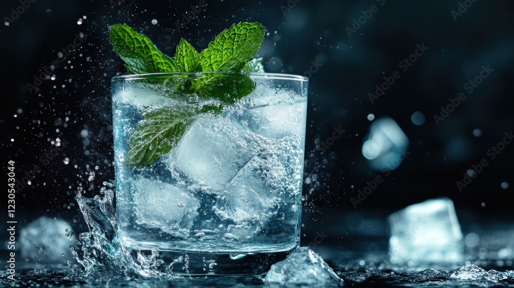This image depicts a mint garnished cocktail in a stylish glass, featuring ice and an impressive bubble action, perfect for summer gatherings or festivities. This image depicts a mint garnished cocktail in a stylish glass, featuring ice and an impressive bubble action, perfect for summer gatherings or festivities.