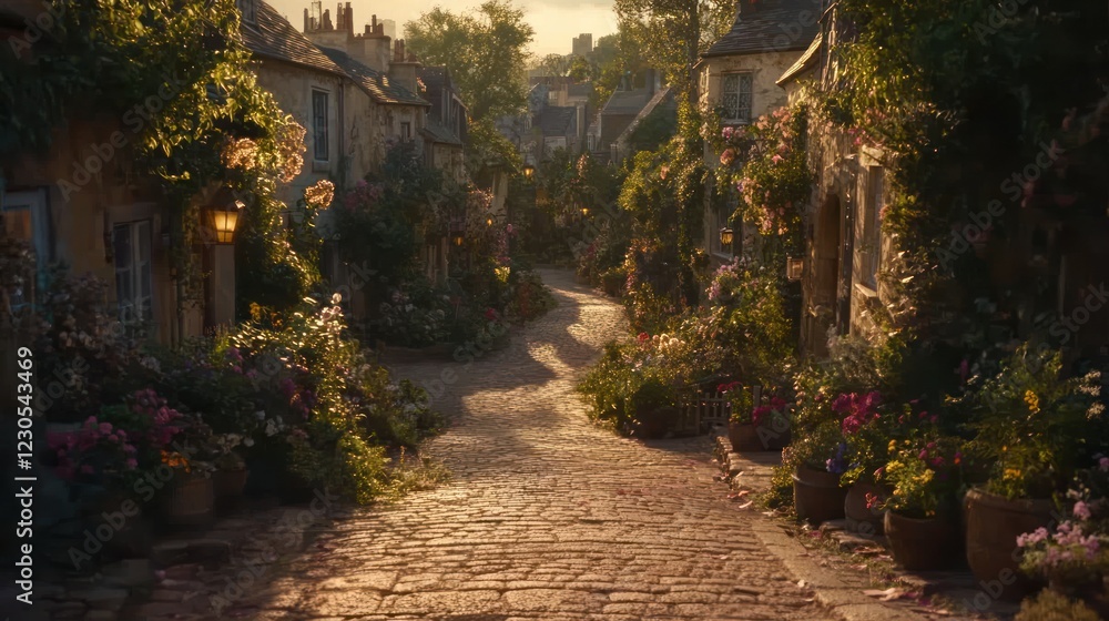 Obraz premium Sunlit cobblestone lane in a charming, flower-filled village.