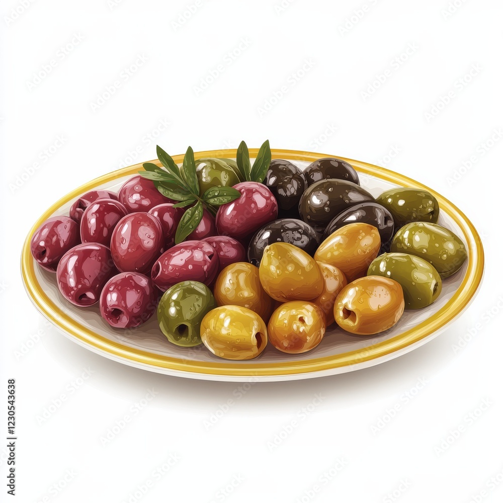 A platter of assorted marinated olives and pickled vegetables, isolated white background, hyperrealism art style A platter of assorted marinated olives and pickled vegetables, isolated white background, hyperrealism art style