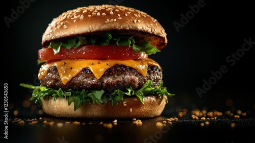 A stunning double cheeseburger loaded with fresh toppings like lettuce and tomato, beautifully presented against a dark background, making it a captivating centerpiece for any meal. photo