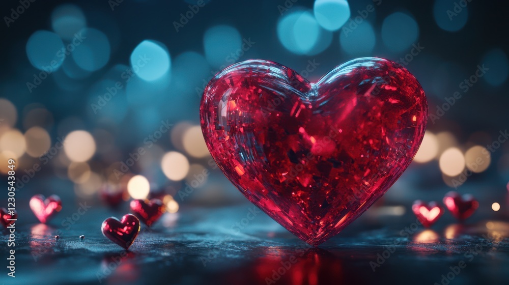 Red glass heart bokeh lights romance Valentine's Red glass heart bokeh lights romance Valentine's