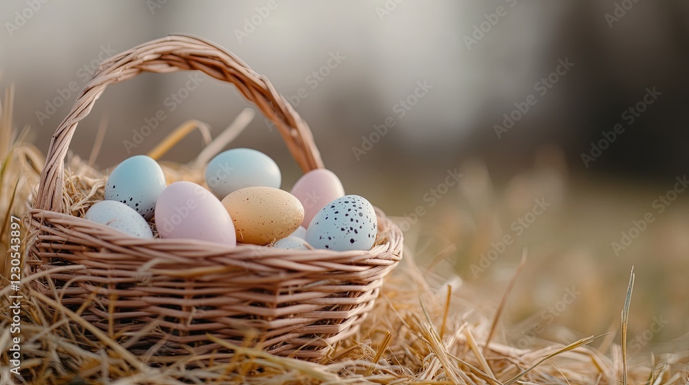 A wicker basket filled with quail eggs rests on soft straw, capturing the essence of Easter in a bright, sunny field A wicker basket filled with quail eggs rests on soft straw, capturing the essence of Easter in a bright, sunny field