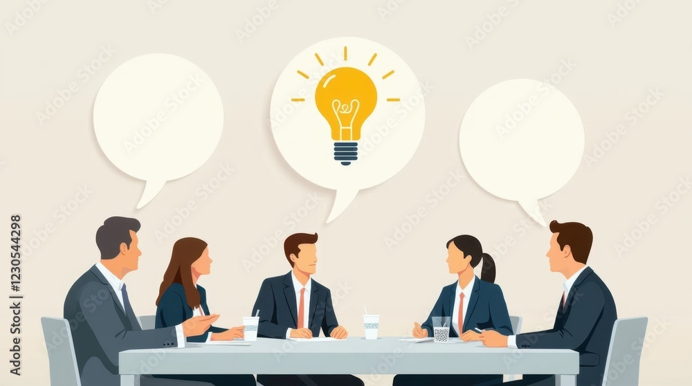 Business Team Brainstorming Meeting with Lightbulb Idea Business Team Brainstorming Meeting with Lightbulb Idea