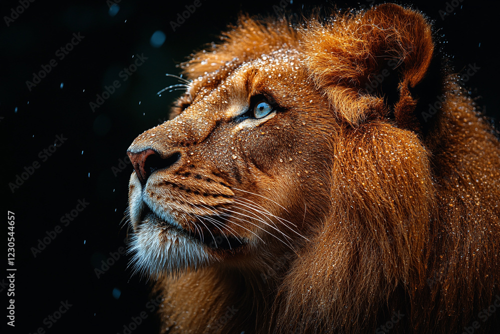 Naklejka premium Majestic Lion Portrait Rain Water Drops