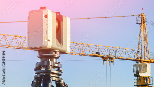 Geodetic 3D scanner against the background of a construction crane and blue sky. The concept of geodetic work on the laser scanning of the construction site.