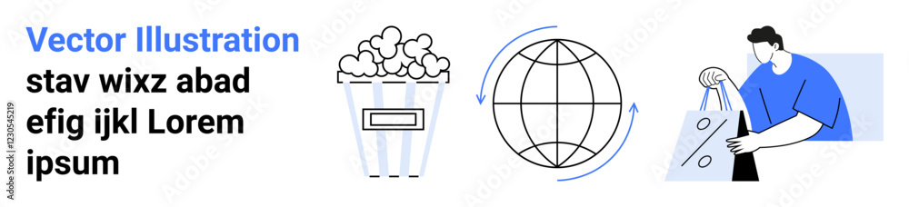 Popcorn, globe with rotation arrows, person holding shopping bags, and placeholder text. Ideal for entertainment, global communication, e-commerce, marketing, consumer behavior online shopping Popcorn, globe with rotation arrows, person holding shopping bags, and placeholder text. Ideal for entertainment, global communication, e-commerce, marketing, consumer behavior online shopping