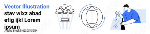 Wallpaper Mural Popcorn, globe with rotation arrows, person holding shopping bags, and placeholder text. Ideal for entertainment, global communication, e-commerce, marketing, consumer behavior online shopping Torontodigital.ca