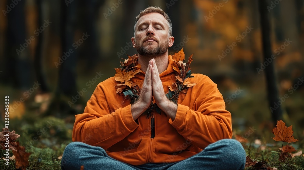 A serene image of a man meditating in the woods, adorned with autumn leaves, radiating tranquility and connection with nature intertwined with mindfulness and peace. A serene image of a man meditating in the woods, adorned with autumn leaves, radiating tranquility and connection with nature intertwined with mindfulness and peace.