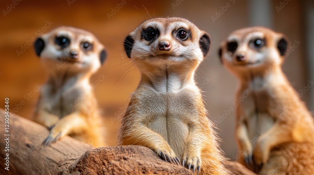 This captivating image features three meerkats attentively resting on a log, showcasing their curious expressions and unique disposition in a lively, natural setting. This captivating image features three meerkats attentively resting on a log, showcasing their curious expressions and unique disposition in a lively, natural setting.