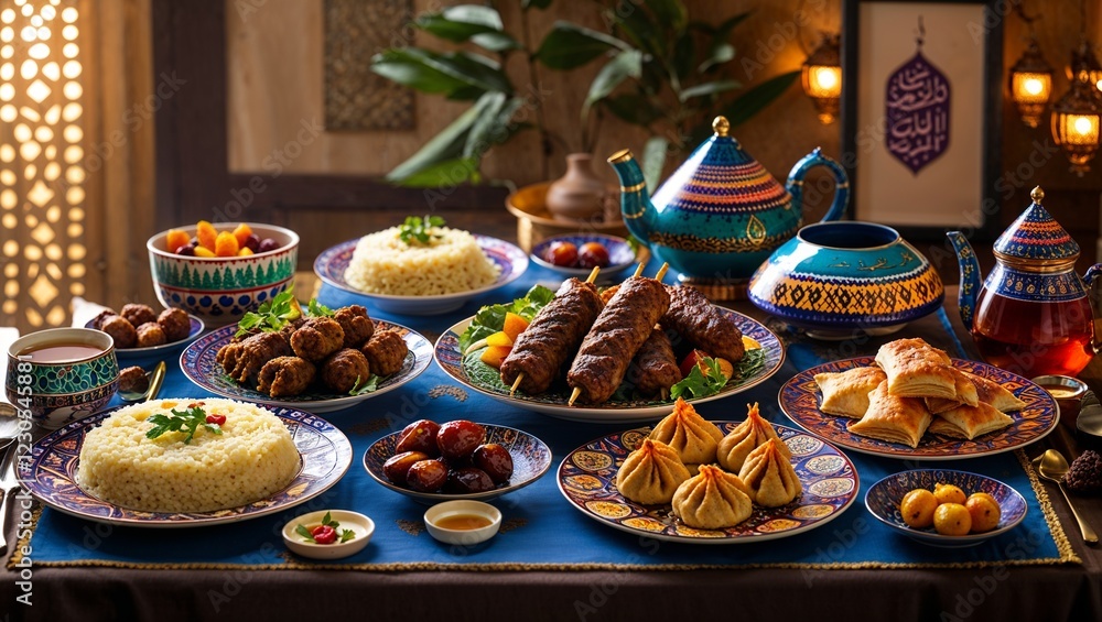 Naklejka premium A warm and inviting traditional Muslim Ramadan celebration showcasing intricate decor family gatherings and joy