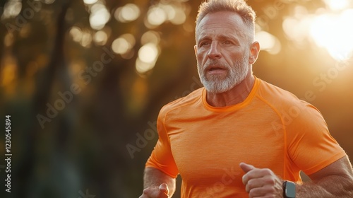 A focused, silver-haired man runs through an autumnal landscape, embodying energy and determination while surrounded by beautiful fall colors and warm sunlight. photo