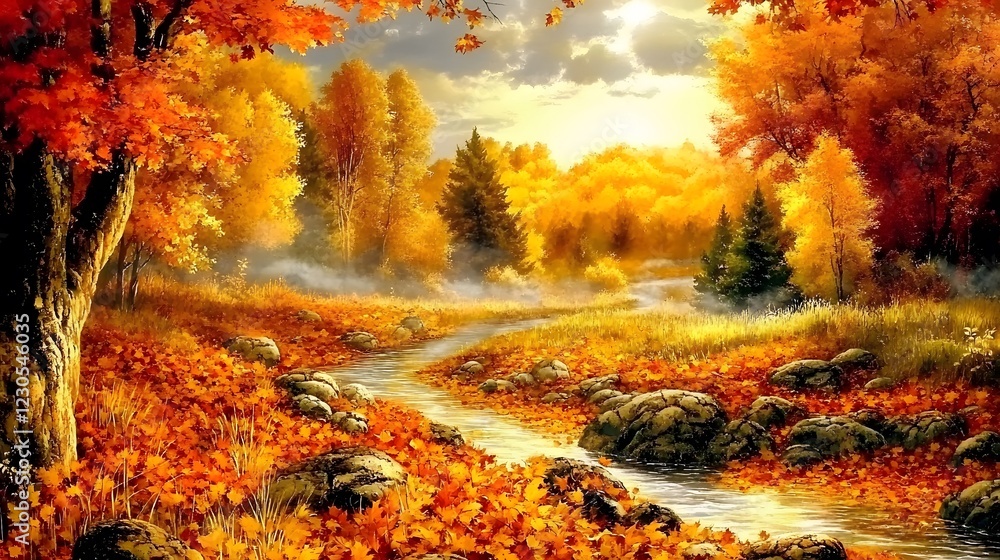 Autumn Stream Landscape, Golden Fall Foliage, River, Trees Autumn Stream Landscape, Golden Fall Foliage, River, Trees