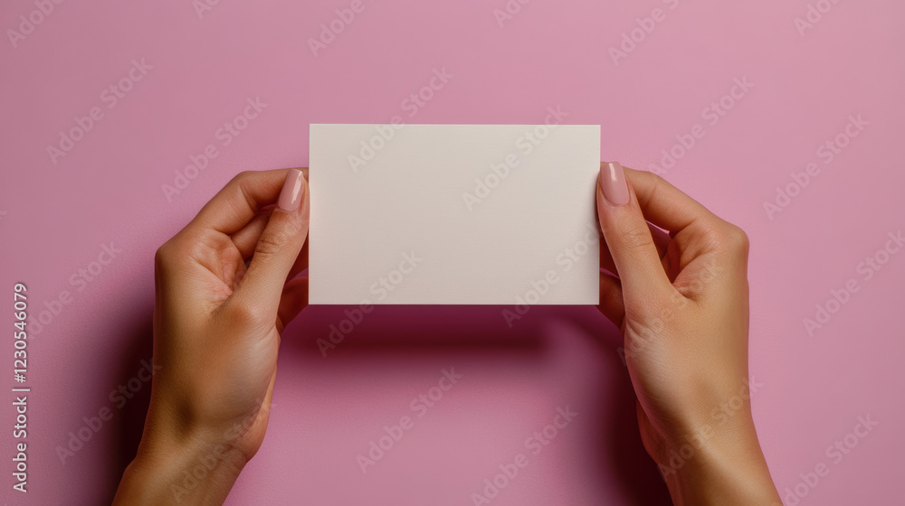 Obraz premium Graceful hands with polished nails hold a blank business card against a soft pink background. The minimalist design emphasizes simplicity and elegance, ideal for branding presentations