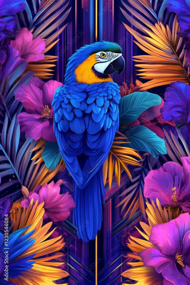 Obraz premium Vibrant blue macaw perched amidst colorful tropical flower and lush foliage in a lively setting