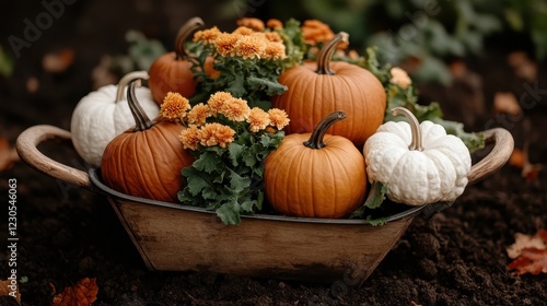 Delightful arrangement of vibrant pumpkins and flowers in a rustic basket, reflecting the charm of autumn and the beauty of seasonal decorations in nature’s bounty.