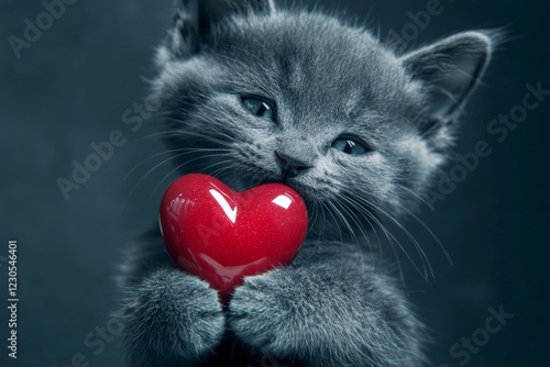 Ad conceptual art. Donskoy - my cherished cat. Cute donskoy kitty with diamond red heart - sign of love, funny greeting card. Red love-themed animal image. Valentine's cute pet ideas. photo