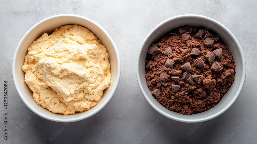 Two bowls filled with cookie dough, one vanilla and one chocolate, invites you into the world of baking with vibrant textures and flavors ready to be enjoyed. Two bowls filled with cookie dough, one vanilla and one chocolate, invites you into the world of baking with vibrant textures and flavors ready to be enjoyed.