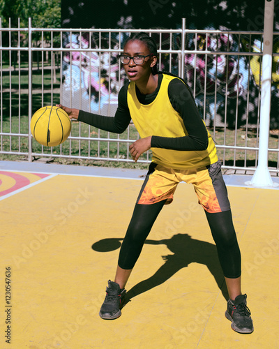 Woman black athlete practices basketball on vibrant outdoor court photo