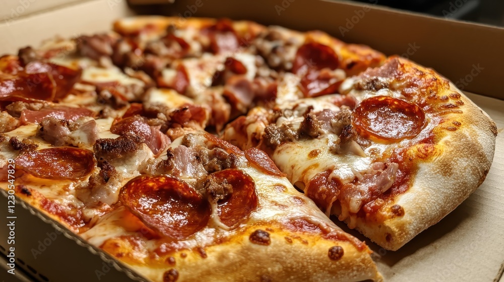 An appetizing meaty pizza loaded with pepperoni, sausage, and other toppings, beautifully displayed in a box that enhances its appeal and taste. An appetizing meaty pizza loaded with pepperoni, sausage, and other toppings, beautifully displayed in a box that enhances its appeal and taste.
