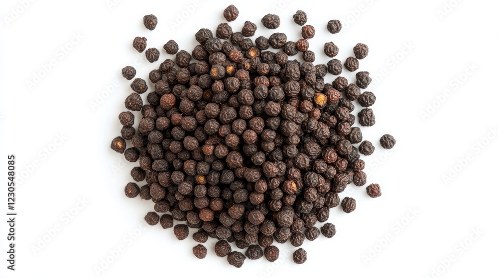 A heap of ripe black mulberries displayed against a white background from a top-down perspective A heap of ripe black mulberries displayed against a white background from a top-down perspective