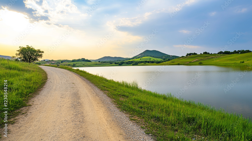 Serene landscape featuring a winding dirt road alongside a calm lake, with rolling green hills and a picturesque sunset sky creating a peaceful and inviting atmosphere Serene landscape featuring a winding dirt road alongside a calm lake, with rolling green hills and a picturesque sunset sky creating a peaceful and inviting atmosphere
