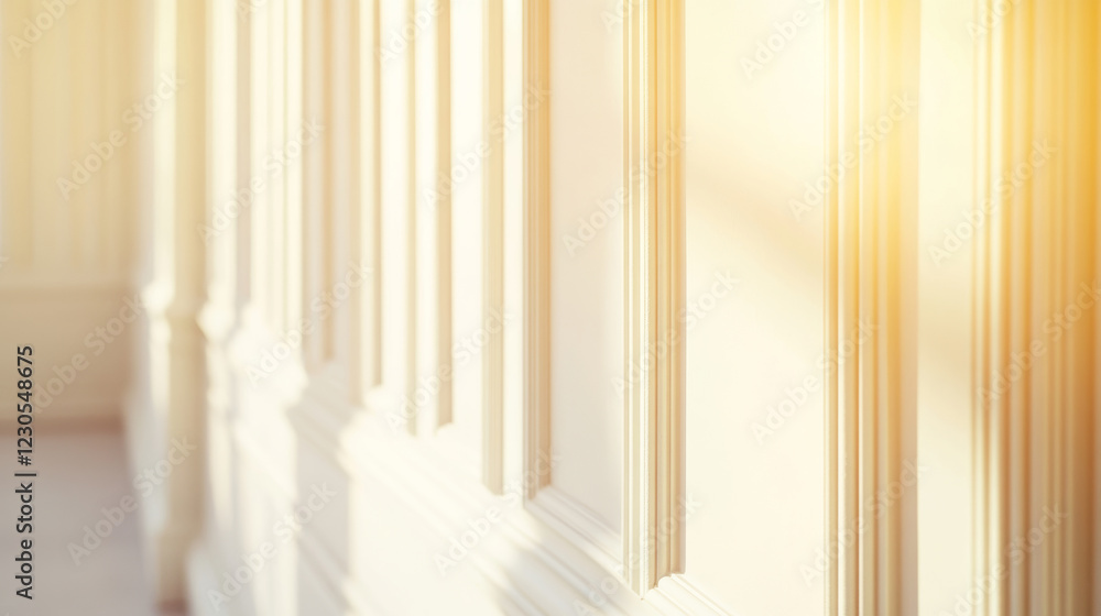 Obraz premium Elegant wainscoted wall showcasing intricate detailing in warm sunlight. Gentle shadows enhance the minimalist aesthetic, highlighting the luxury and sophistication of the design
