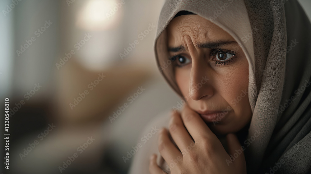 Close-up of a worried Muslim woman wearing a hijab, crying and covering her mouth with her hand, expressing deep anxiety and depression while feeling isolated at home Close-up of a worried Muslim woman wearing a hijab, crying and covering her mouth with her hand, expressing deep anxiety and depression while feeling isolated at home