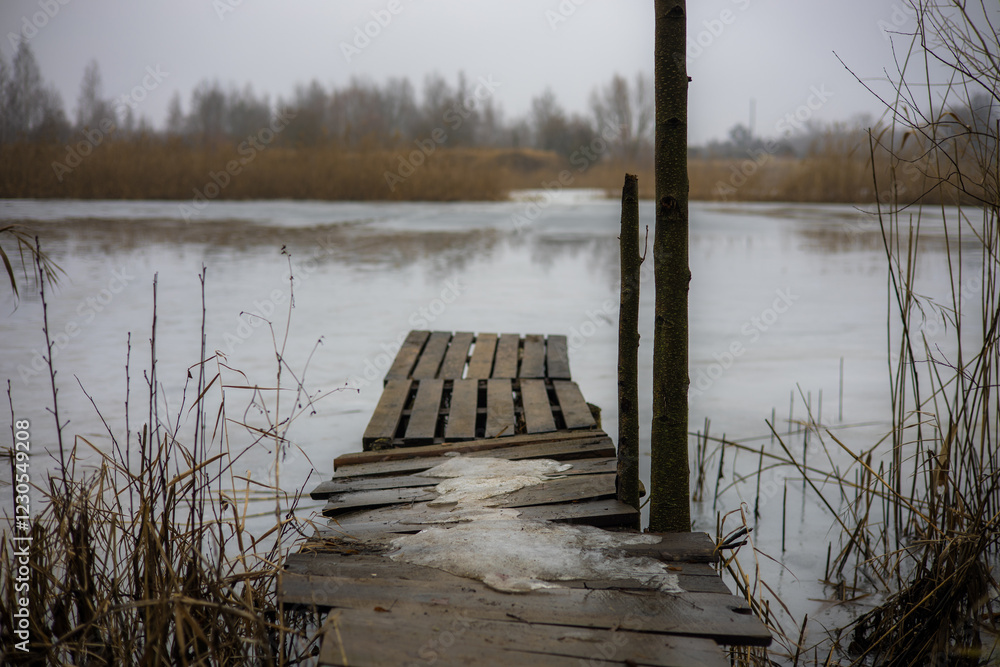 Obraz premium Old wooden pier covered with patches of ice extends into a partially frozen lake surrounded by dry reeds and bare trees in a bleak winter landscape. Old bridge on the pond.