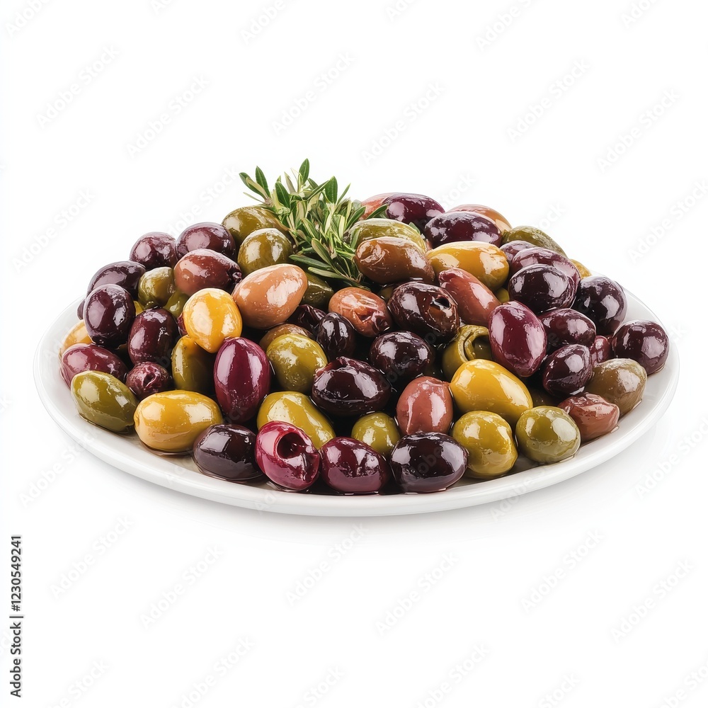 A platter of assorted marinated olives, isolated white background, hyperrealism art style A platter of assorted marinated olives, isolated white background, hyperrealism art style