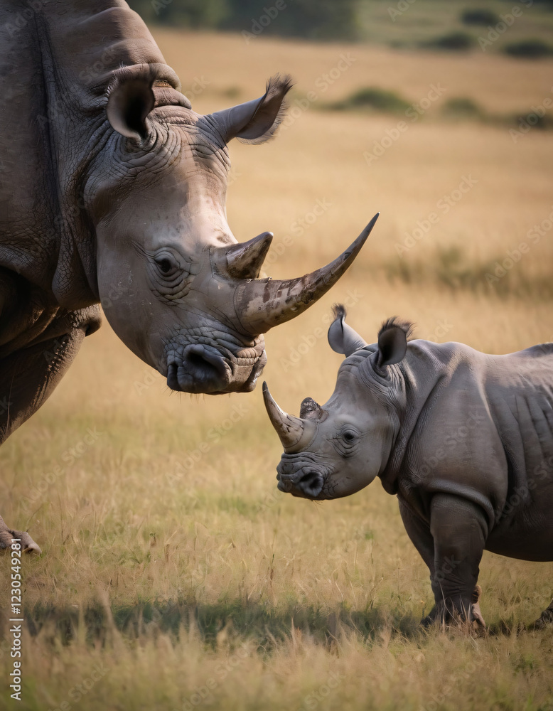 Fototapeta premium Pair of Rhinos Grazing in Wild Habitat 