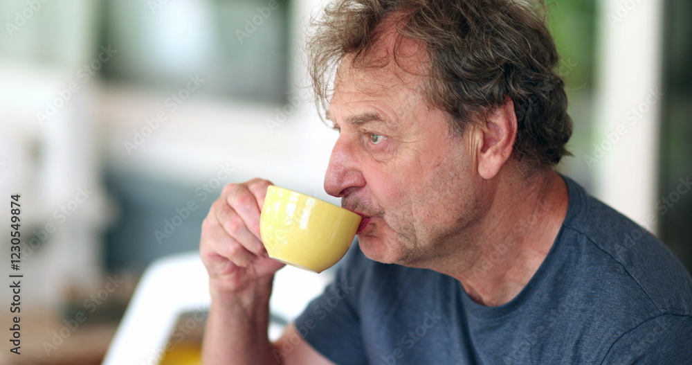 Older retired man taking a sip of coffee or tea Older retired man taking a sip of coffee or tea