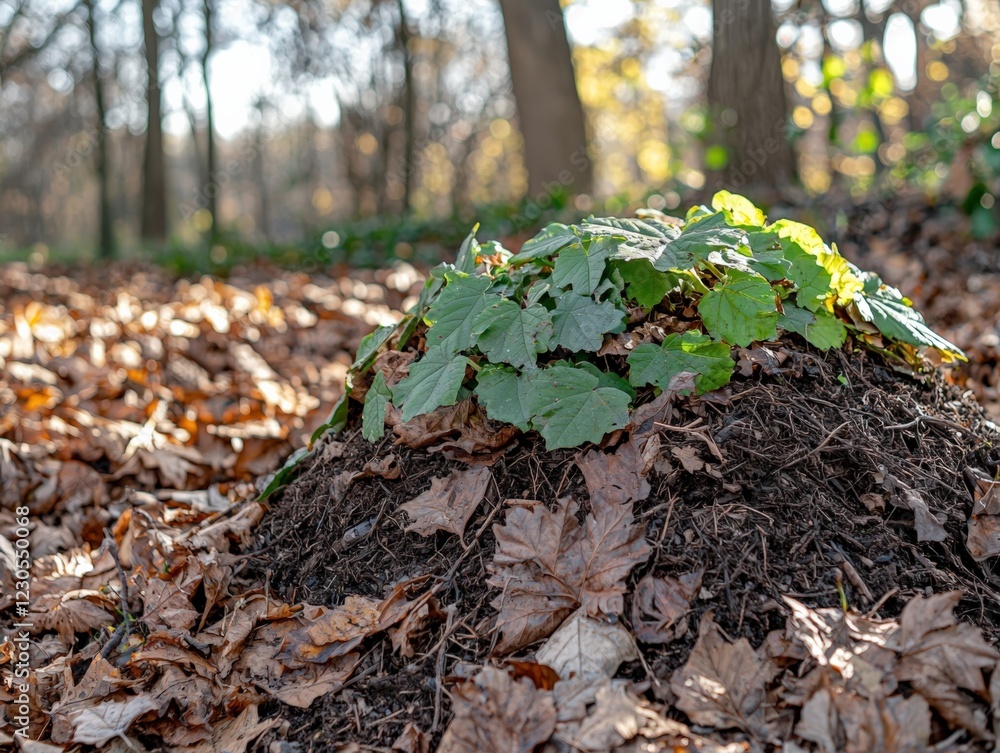 Vibrant Green Leaves on Compost Heap in Autumn Forest Setting Vibrant Green Leaves on Compost Heap in Autumn Forest Setting