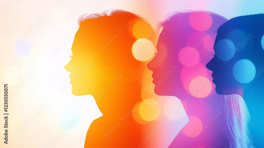 Women day, Artistic abstract profile faces with colorful gradient lights and bokeh background, creative double exposure effect, modern surreal portrait, dreamy conceptual digital artwork. Women day, Artistic abstract profile faces with colorful gradient lights and bokeh background, creative double exposure effect, modern surreal portrait, dreamy conceptual digital artwork.