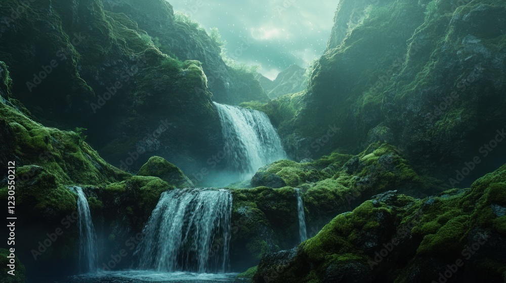 Fototapeta premium Mossy waterfall in misty green canyon; nature background