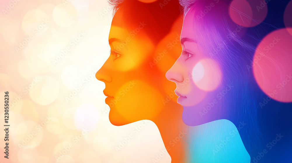 Women day, Artistic abstract profile faces with colorful gradient lights and bokeh background, creative double exposure effect, modern surreal portrait, dreamy conceptual digital artwork. Women day, Artistic abstract profile faces with colorful gradient lights and bokeh background, creative double exposure effect, modern surreal portrait, dreamy conceptual digital artwork.
