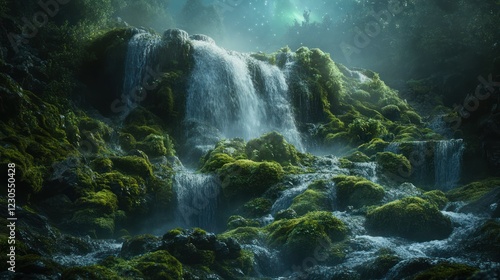 Mystical waterfall cascading down mossy rocks at night, enchanting forest background; nature fantasy