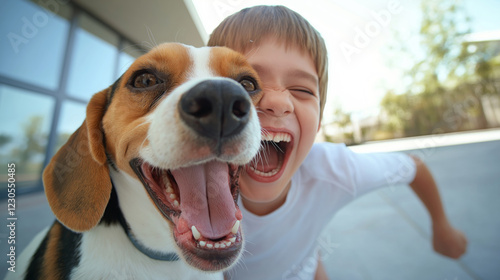 Fisheye angle close-up of a cheerful young boy kissing a beagle dog on the cheek while the dog yawns with its mouth wide open, showing teeth and tongue, in a funny and playful scene photo