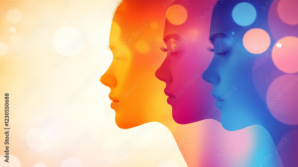 Women day, Artistic abstract profile faces with colorful gradient lights and bokeh background, creative double exposure effect, modern surreal portrait, dreamy conceptual digital artwork. Women day, Artistic abstract profile faces with colorful gradient lights and bokeh background, creative double exposure effect, modern surreal portrait, dreamy conceptual digital artwork.