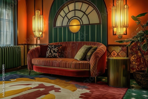 A stylish Art Deco interior design style living room featuring a vintage red velvet sofa with patterned cushions, a round window, and decorative wall lamps. The floor is adorned with a colorful rug.