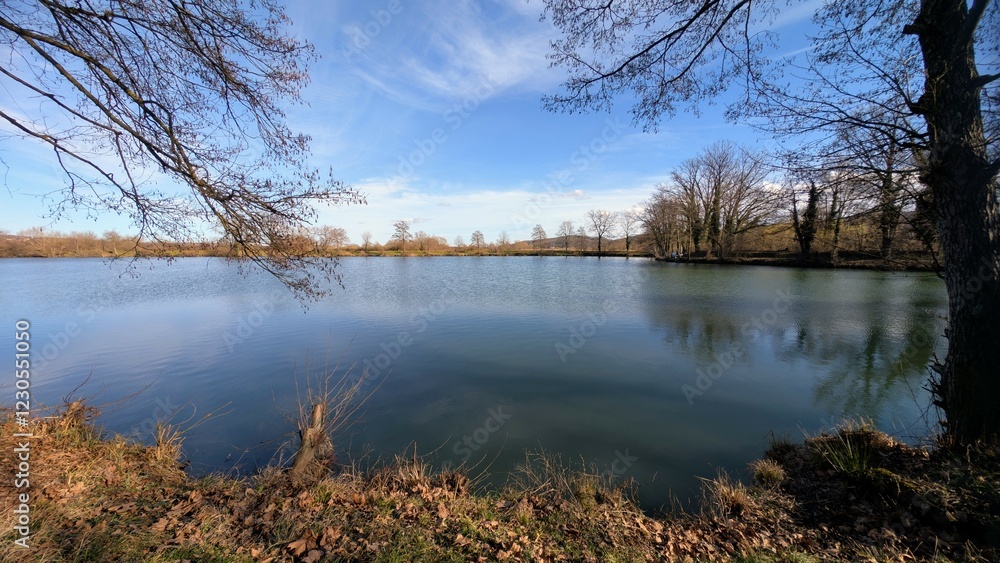 Beautiful lakeside landscape scenery, lakes at Bedekovcina, Croatia, county Hrvatsko zagorje, nature background