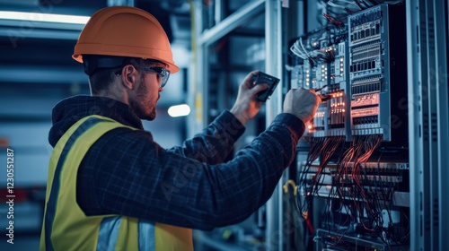 A detailed view of a technician testing electrical systems in a data center, Data center construction scene, Technology integration style