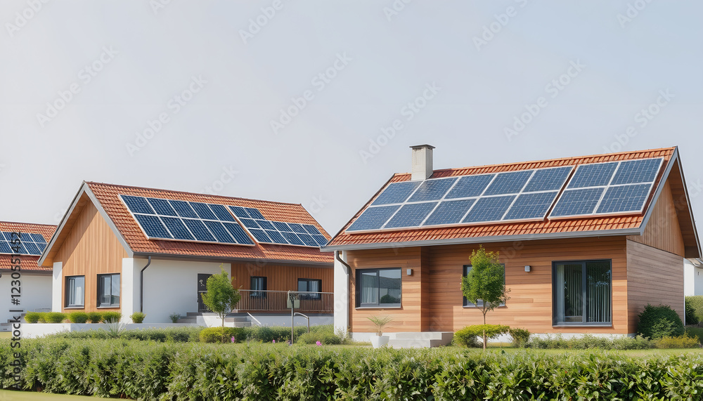 Modern houses with solar panels on the roof for alternative energy , with white tonespng Modern houses with solar panels on the roof for alternative energy , with white tonespng