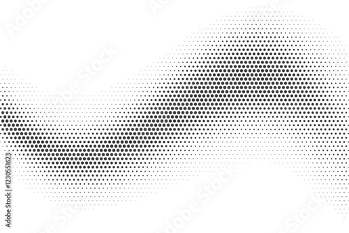 Dotted abstract wave with half tone effect on white background. Pixel gradient with black circles. Retro minimal semitone illustration. Futuristic bitmap art.