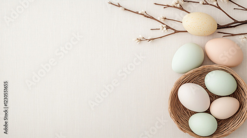 Minimalist Easter composition with pastel eggs in a wicker basket on neutral background, elegant spring holiday decoration, natural rustic design, soft color palette, and simple aesthetic photo