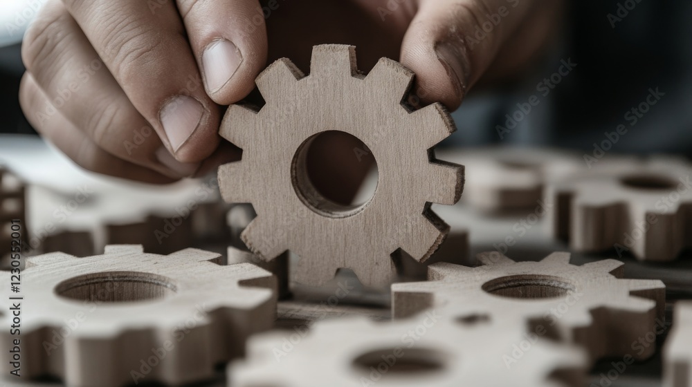 Close-up of hands placing wooden gear among others. Close-up of hands placing wooden gear among others.