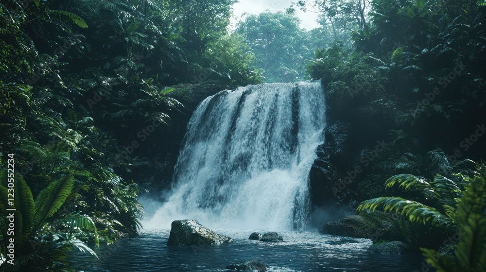 Fototapeta premium Lush jungle waterfall cascading into pool. Background Tropical forest. Use Nature travel